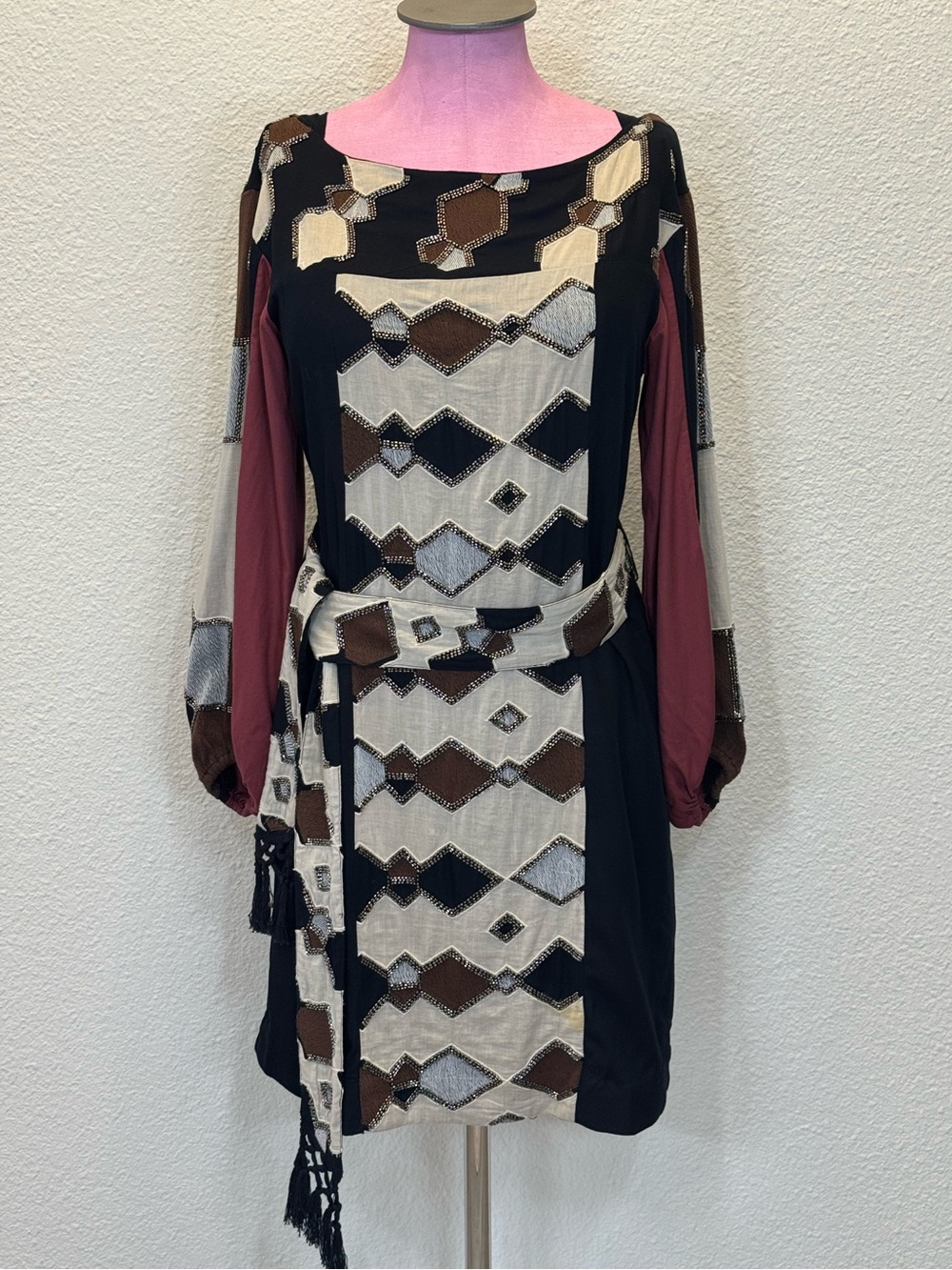 by Anthropologie Embellished Geometric Beaded Dress S Boho TasselSash India
NWOT